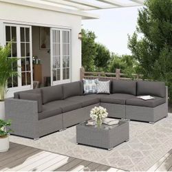 Oakcloud 7-Piece Outdoor Grey Rattan Wicker Sectional Conversation Sets Patio Furniture Sofa Set with Cushions and Glass Top Table(Grey
