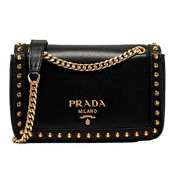Prada Pattina Black Calf Leather Studded Flap Chain Crossbody Bag