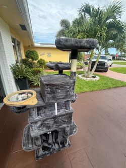 67" H Multi-Level Cat Tree Tower with 2 Condos, Deep Lounge Baskets, Ramp, and Scratchers, Dark Gray