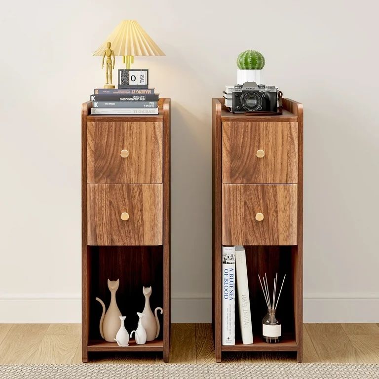 LEFHDA Modern Narrow Nightstands Set of 2 & Dressers Mid-century Modern Brown Wood Bedside Tables with Drawers, Open Shelf, and Wood Grain Design for