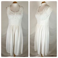 Vintage 50s Miss Siren Sheer White Midi Nightgown Lingerie Negligee Floral 36 M