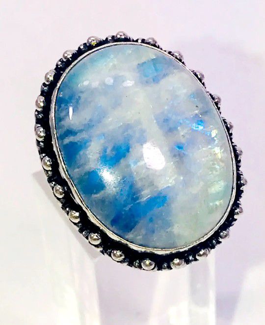 Beautiful Blue Rainbow Moonstone Large Oval Stone & .925 Stamped Stwrling Silver Ring Size 7 NEW! 