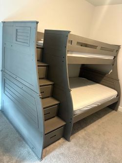 Twin Over Full Bunk Bed w/ Storage Stairs & Drawers – Gray NO MATRESS