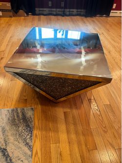 Maklaine Modern 38" Square Polygonal Silver Crystal Mirrored Coffee Table