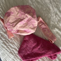 Shower Cap, w/ matching facial headband w/ velcro & Pink Turbie Twist all 3 $15, each $5-$10 19082