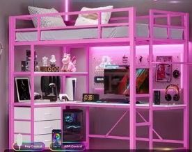 Pink Metal Loft Bed with Desk and Shelves