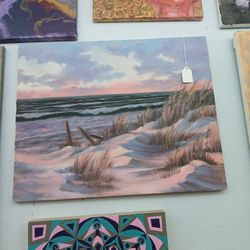 Beautiful Pink Blue Beach Scene Oil Painting 