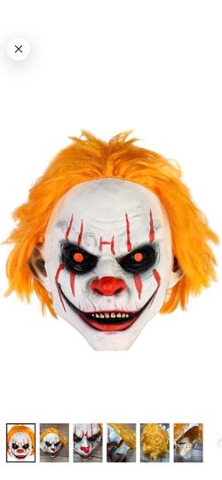 Scary Creepy Clown Halloween latex Mask with Orange Hair adult size
