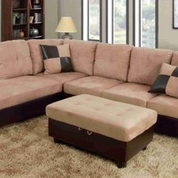 New Beige Sectional With Ottoman 