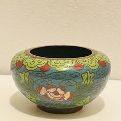 Antique Mini Cloisonné Bowl  Nicely Enameled With Green And Blue Color With Multicolored Flower Chinese Handmade 