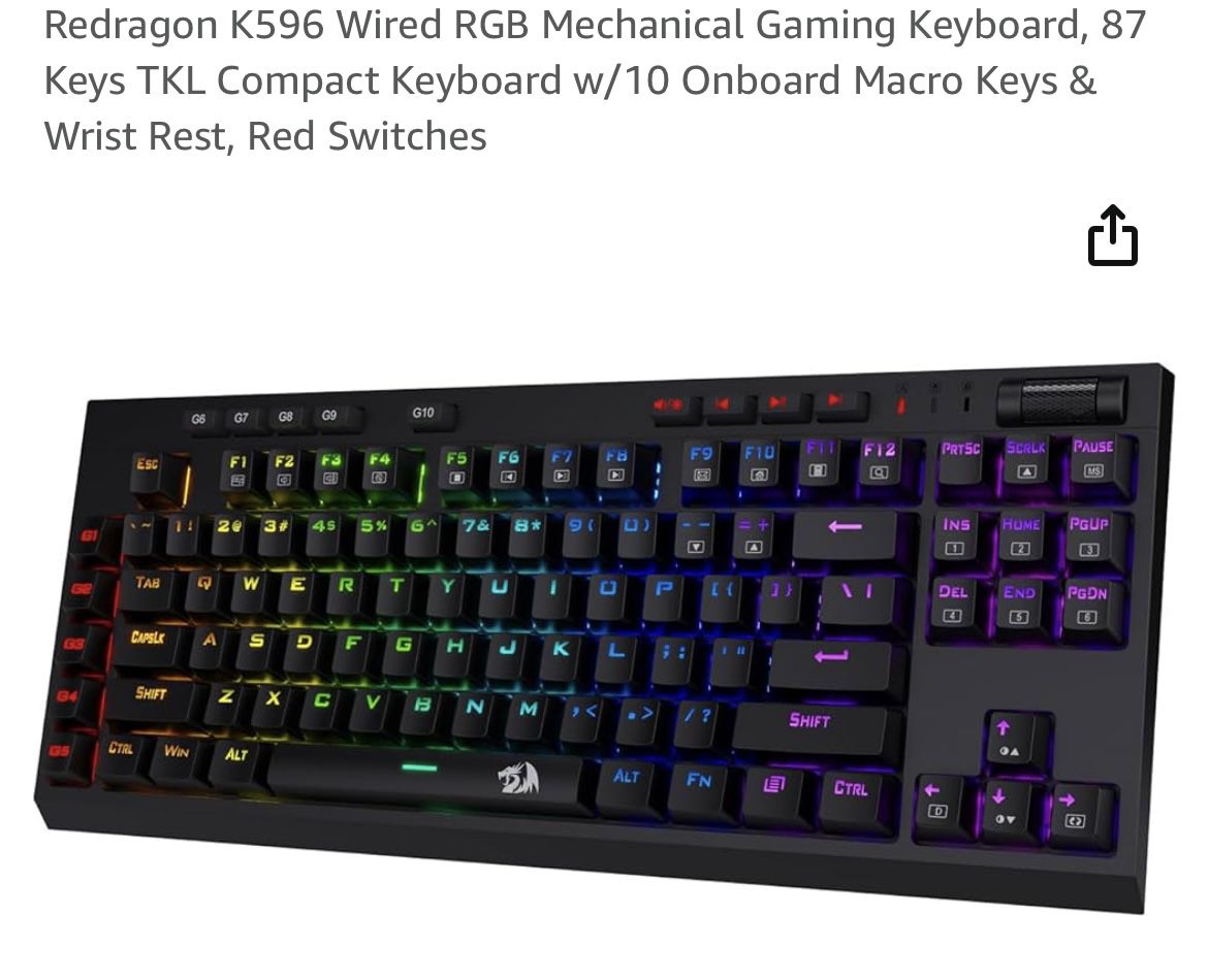 Redragon K596 Wired RGB Mechanical Gaming Keyboard, 87 Keys TKL Compact Keyboard w/10 Onboard Macro Keys & Wrist Rest, Red Switches
