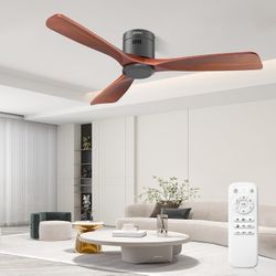 52" Ceiling Fan No Lights with Remote, Flush Mount, Brushless DC Motor, Reversible, 3 Solid Wood Blades, 6-Speed Quiet, Indoor/Outdoor for Bedroom Liv