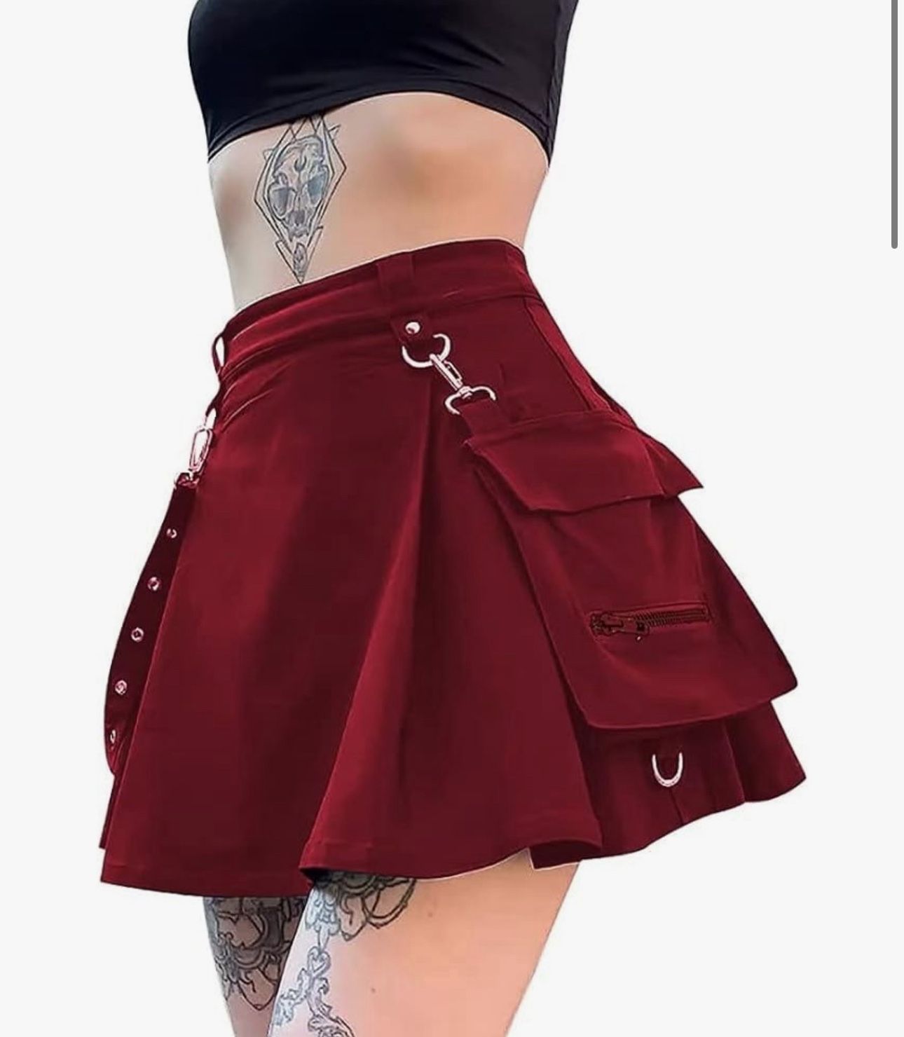 SMALL Wine Red Goth Black Pleated Mini Skirt with Chain High Waisted Tennis Skirt