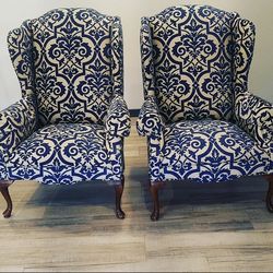 2 Wingback Accent Chairs- Blue Pattern