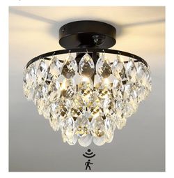 YYJLX Indoor Motion Sensor Ceiling Light Fixture Modern Black Cryatal Semi Flush Mount