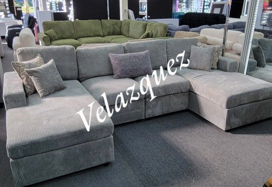 ✅️✅️4 pc fog grey corduroy fabric sectional sofa with double chaise✅️✅️✅️