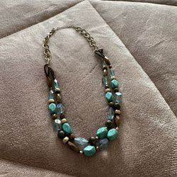 Boho Double Strand Turquoise Style Beaded Statement Necklace - Gold Tone