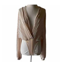 Long sleeve loose deep v neck ruched pleated bodysuit top pink womens sz small