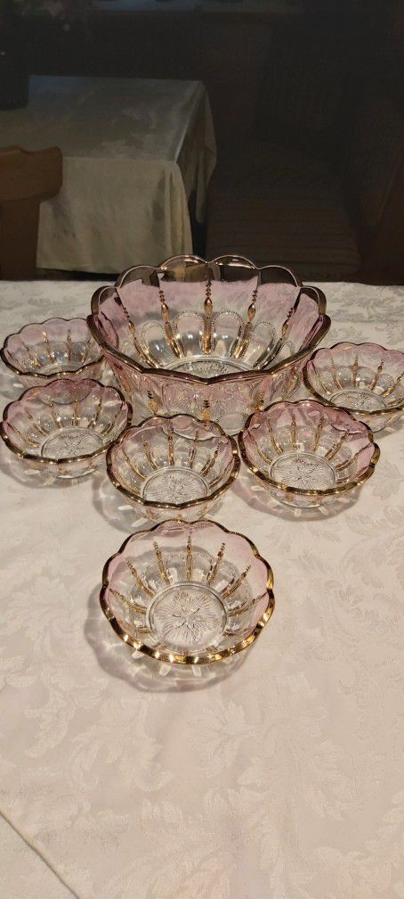 7-Piece Exquisite 1902 U.S. Glass Company Michigan Gold & Maidens Blush Bowl Set (Very Rare To Have A Whole Set)