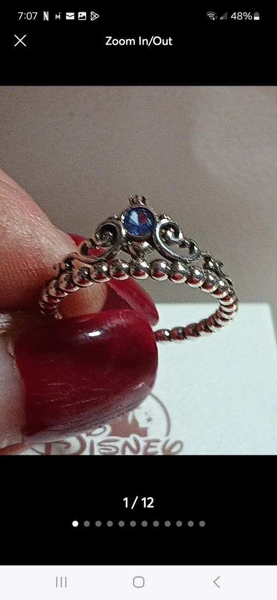 Pandora Disney Authentic Brand New Sterling Silver Cinderella Crystal Blue Tiara Ring Sizes 6-7-8-9