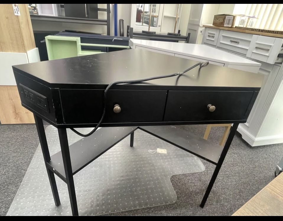 assembled new Corner Desk with Charging Station, 90° Triangle Desk w/ 2 Drawers, Storage Shelves