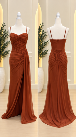 long elegant dress, open slit.