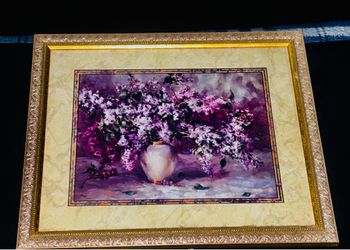 Vintage Cottagecore Gold Framed Purple Lilac Floral Art - Home Interiors USA