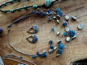 Caspian Sea Blue Multi-Strand Beaded Glass Necklace with Matching Earrings
