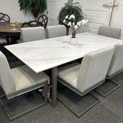 Furniture- 7 Pc White Sintered Stone Dining Set- Emilia