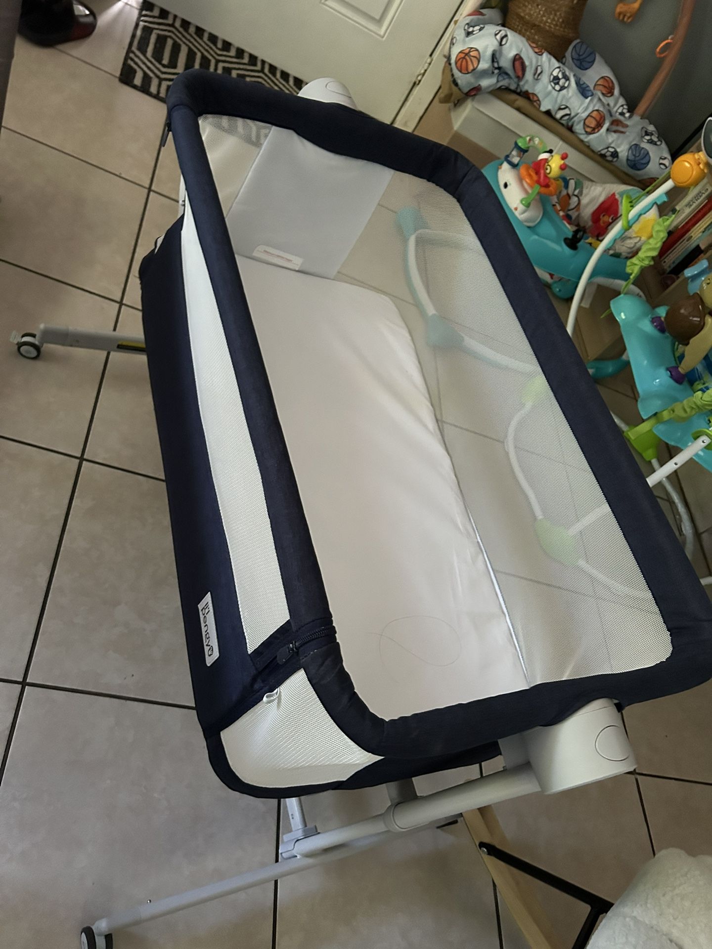 Navy Blue Baby Bassinet Bed Side Sleeper - Adjustable With Wheels- Perfect Condition