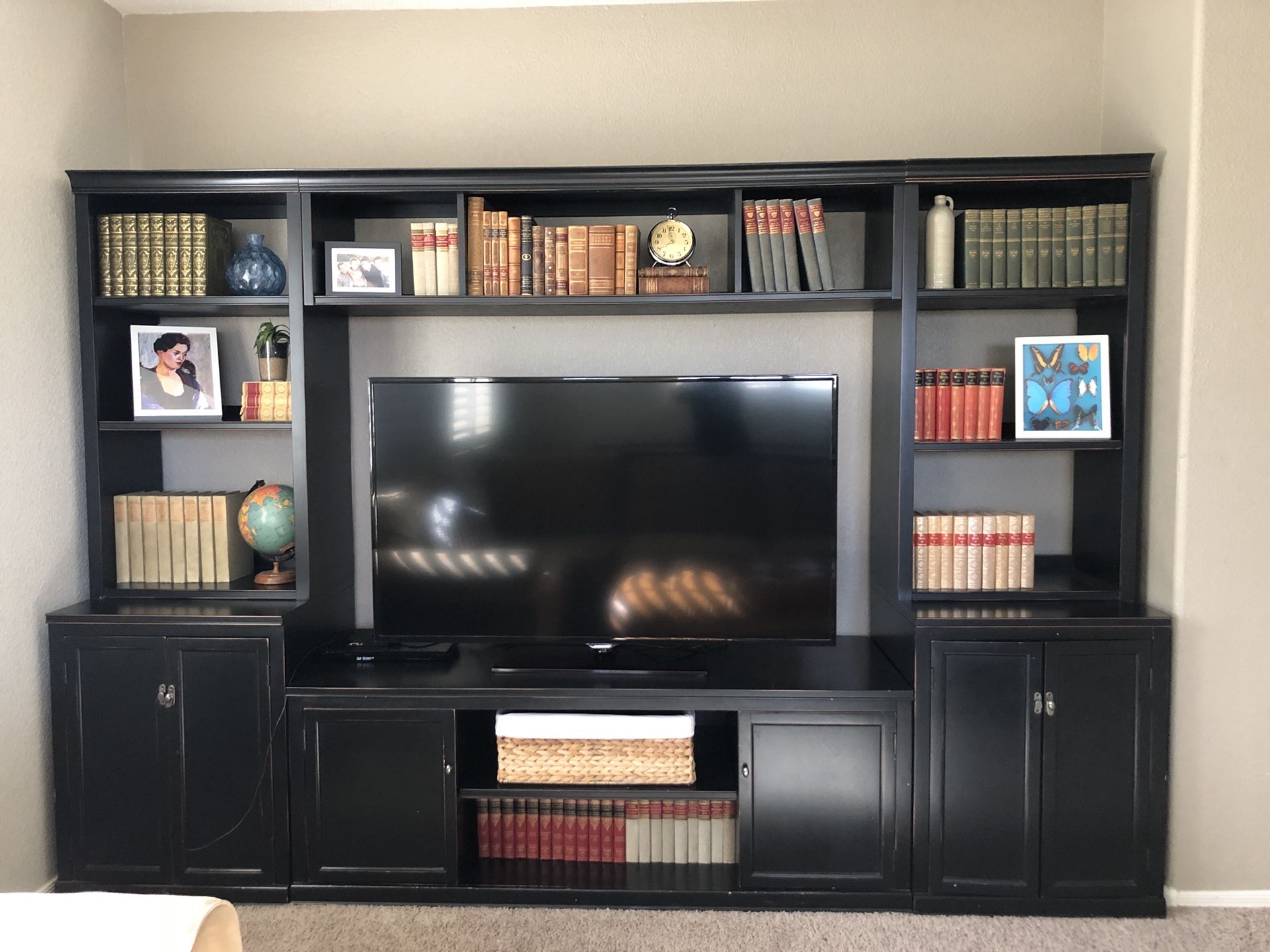 Pottery Barn Black Medium Logan Media Suite with Door Bookcase Bridge