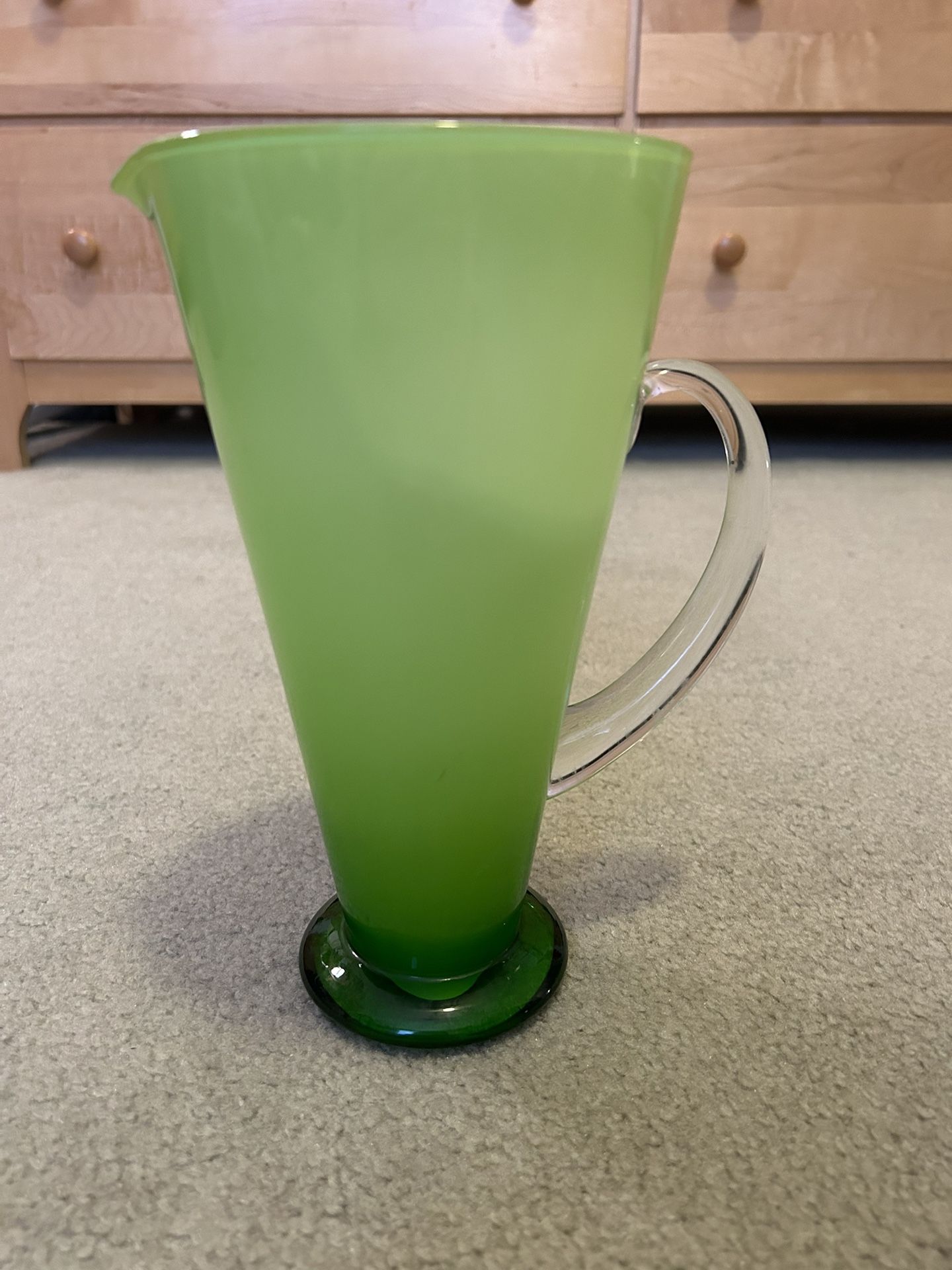 MCM Green Glass Pitcher White Cased 9 1/8” Tall