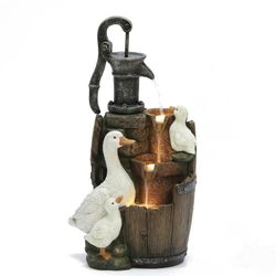 NEW - INDOOR/OUTDOOR - LuxenHome Farmhouse Pump & Duck Family Resin Fountain w/LED Lights