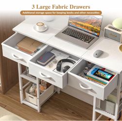 White Computer Desk with Drawers, 35.5 Inch Home Office Work Table with Bookshelf, Kids Teens Study Writing Table for Small Space, Small Simple PC Des