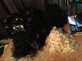 Lot of five women wigs black curly, black and white bride Frankenstein like, long black with some white streaks, blonde