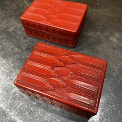 Pair Of Chinese Republic Cinnabar Carved Lacquer Cloud Pattern Boxes Wood Core 