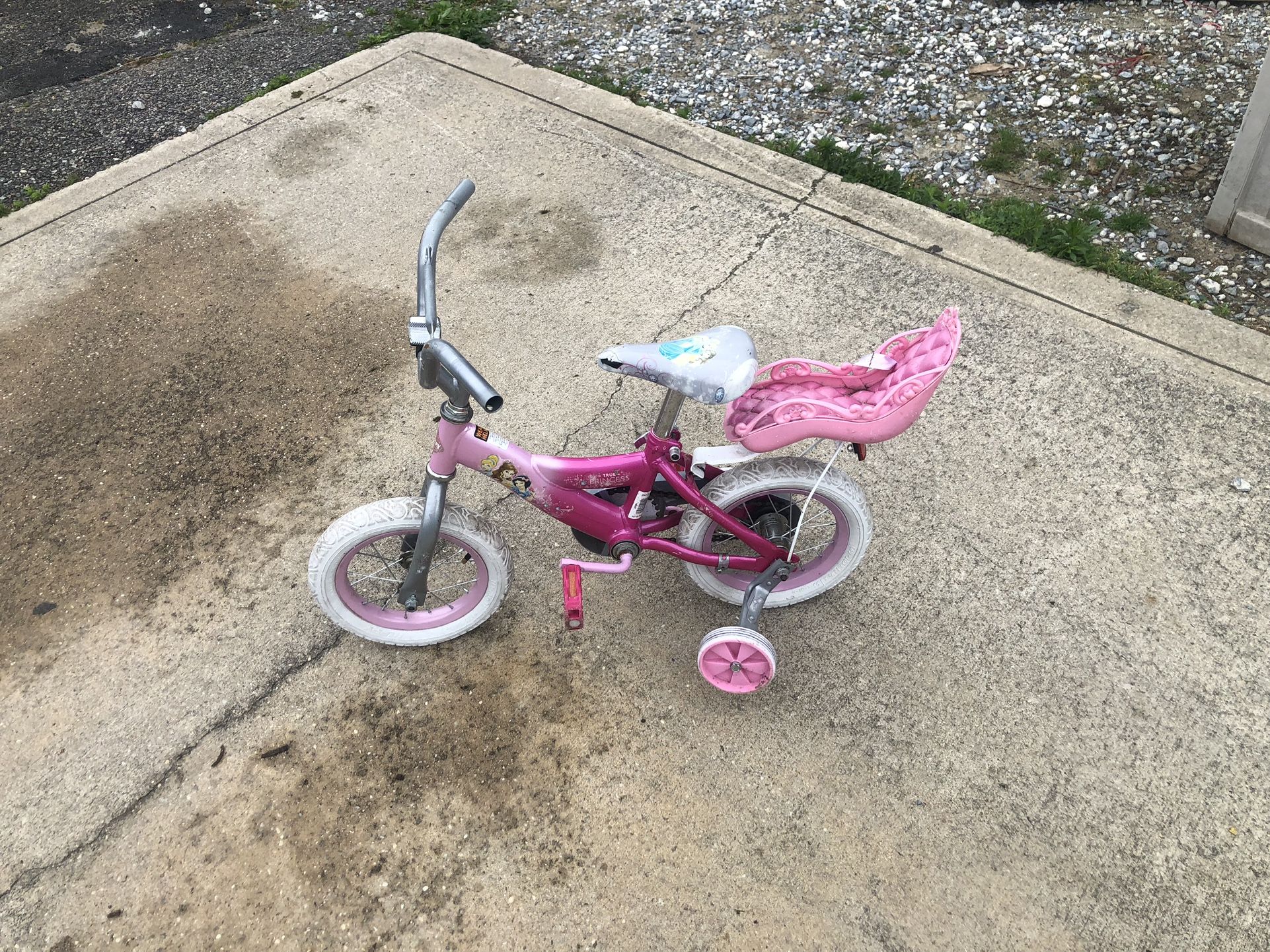 Huffy princess pink 12” toddler girl bike with training wheels and doll seat