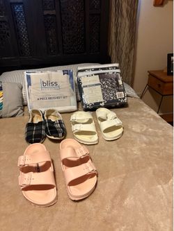 2 pairs of Rubber Birkenstocks, Pair of Tom’s and Brand New queen sized bed sheets