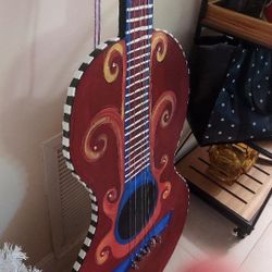 Beautiful art piece guitar hand painted  Hand Made! Made Of Wood unique!  Piece Of Art! Can hang about 5  ft tall