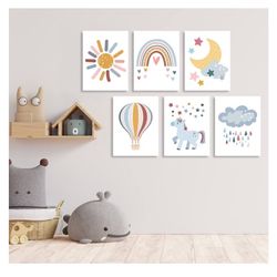 AUIAU Boho Rainbow Nursery Canvas Wall Art Nursery Rainbow Decor Framed Prints Sun and Moon Weather Theme Unicorn Cloud Kids for Baby Girl Boy Playroo