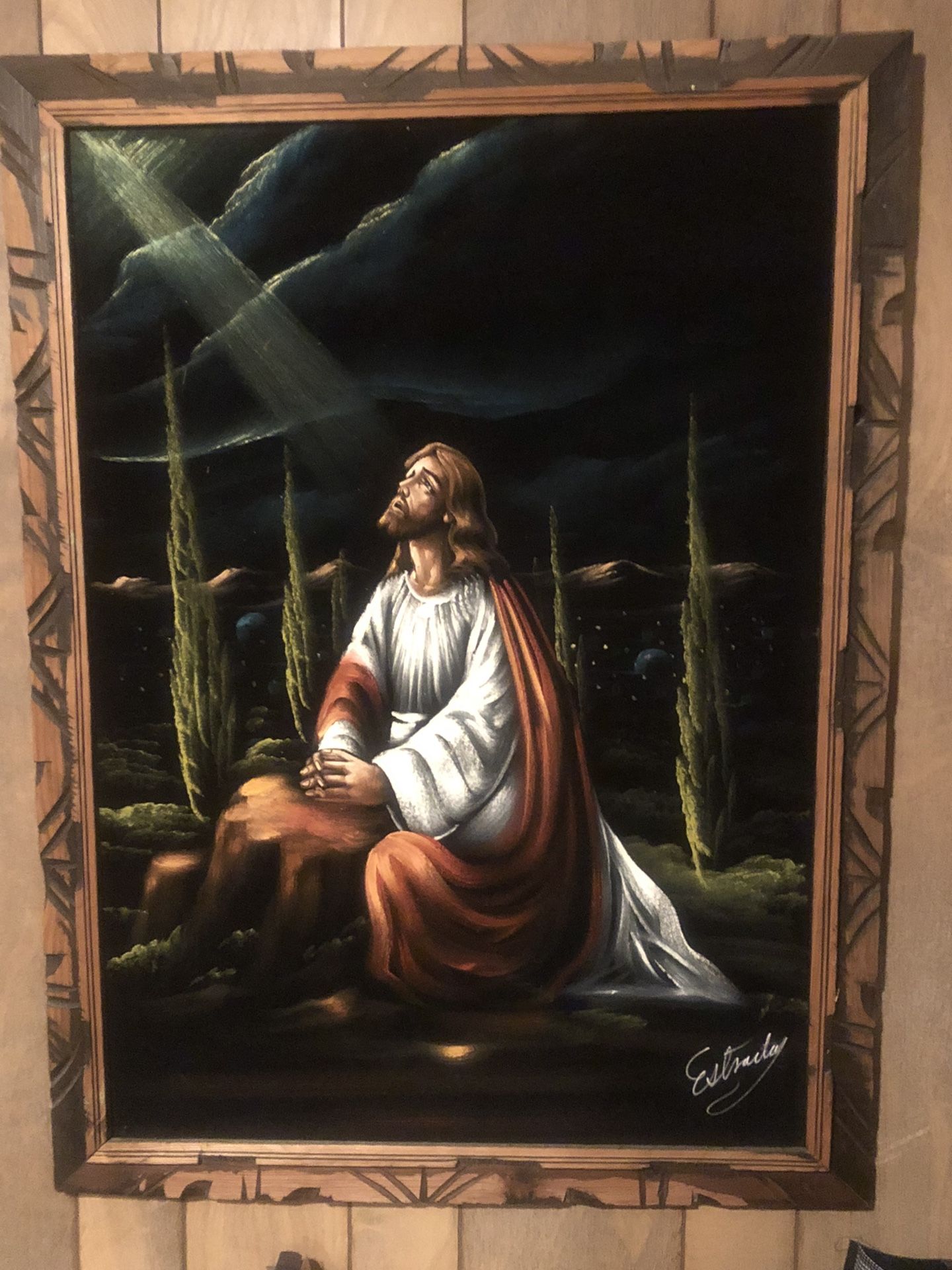 Painting on Velvet of Jesus in the Garden-vintage