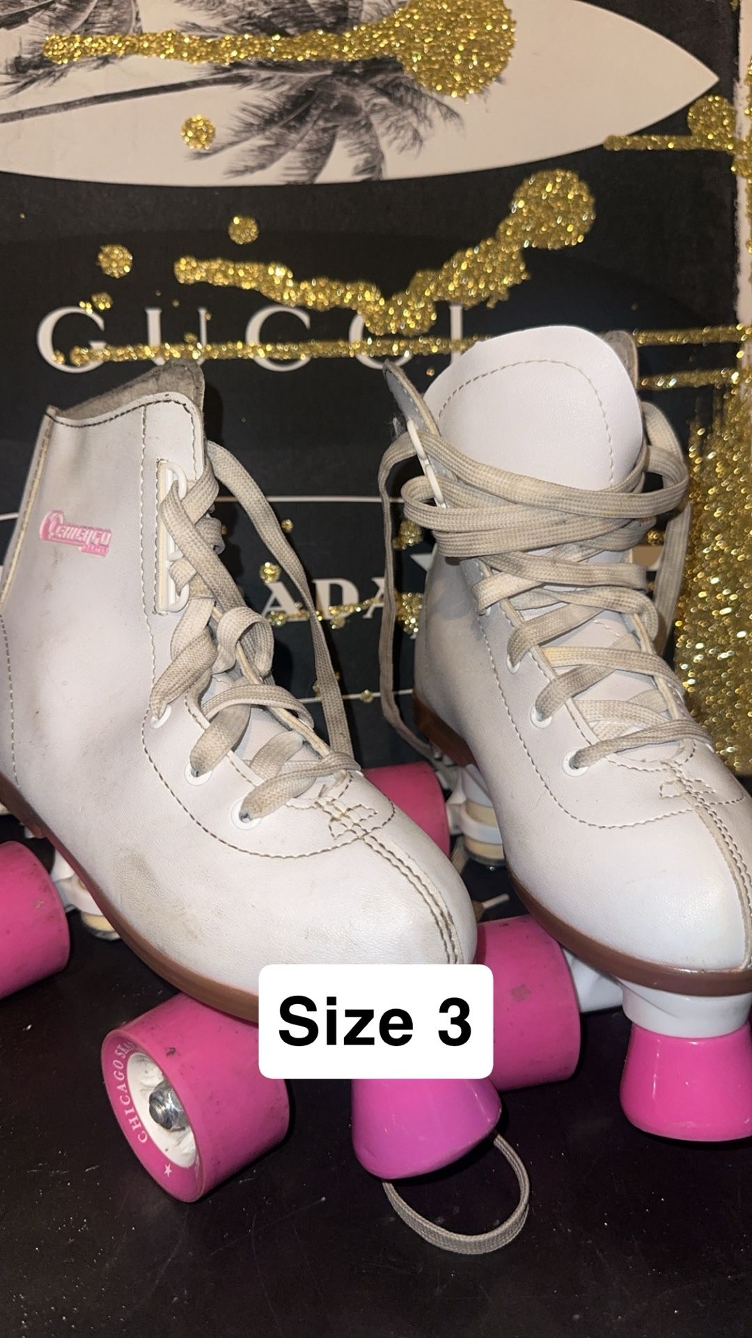 Chicago Roller Skates – Size 3 (Needs Some Cleaning) White skates with pink wheels 💕 Light wear visible, still roll smooth and sturdy!  💰 $18 (OBO)