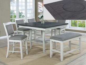 FULTON TWO TONED COUNTER HEIGHT DINING TABLE WITH CHAIRS AND BENCH