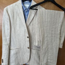 100% Linen Men's Beige Pinstripe Jacket and Pants Set 
