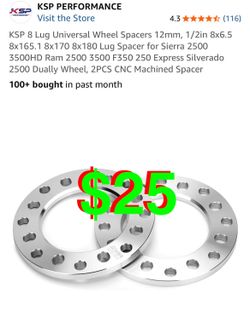 KSP 8 Lug Universal Wheel Spacers 12mm, 1/2in 8x6.5 8x165.1 8x170 8x180 Lug Spacer for Sierra 2HD Ram 2 F350 250 Express Silverado 250