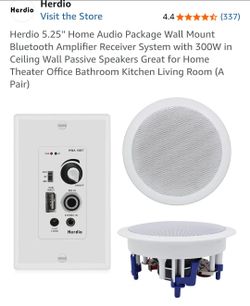 Herdio 5.25'' Home Audio Package Wall Mount Bluetooth Amplifier Receiver System with 300W in Ceiling Wall Passive Speakers