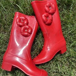 CHANEL Red Rubber Camellia Flower Rain Boots Size 7