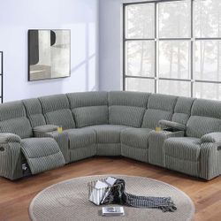 Brand New Grey Corduroy Reclining Sectional Sofa 