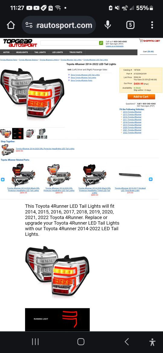 2012 Toyota Tail Light Used Like New 250.00