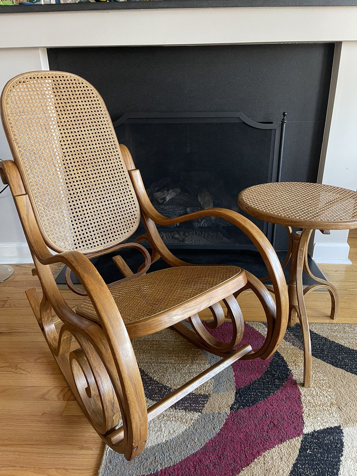 Vintage Mid Century Modern Thonet Style Cane Bentwood Rocking Chair and Table